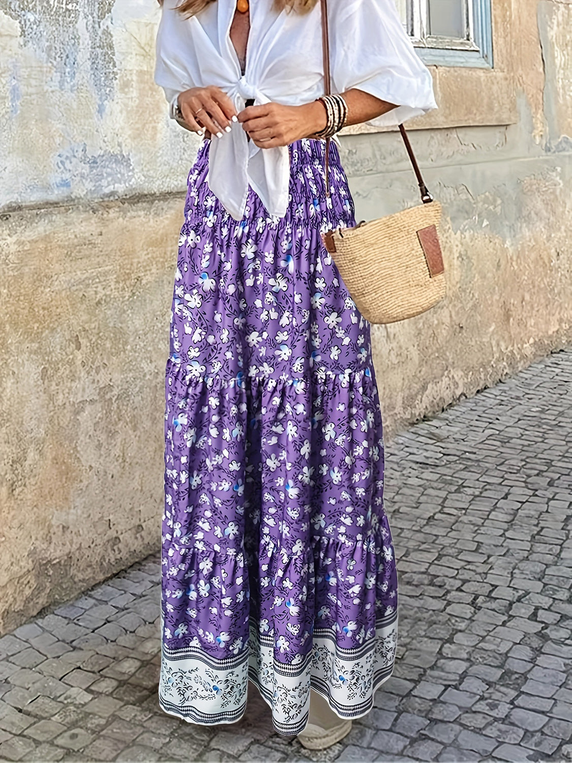 Full Size Tiered Printed Elastic Waist Skirt Purple