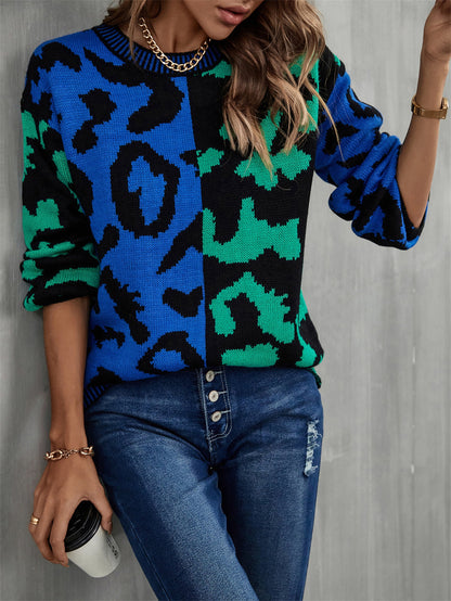 Round Neck Contrast Color Dropped Shoulder Sweater Blue Green