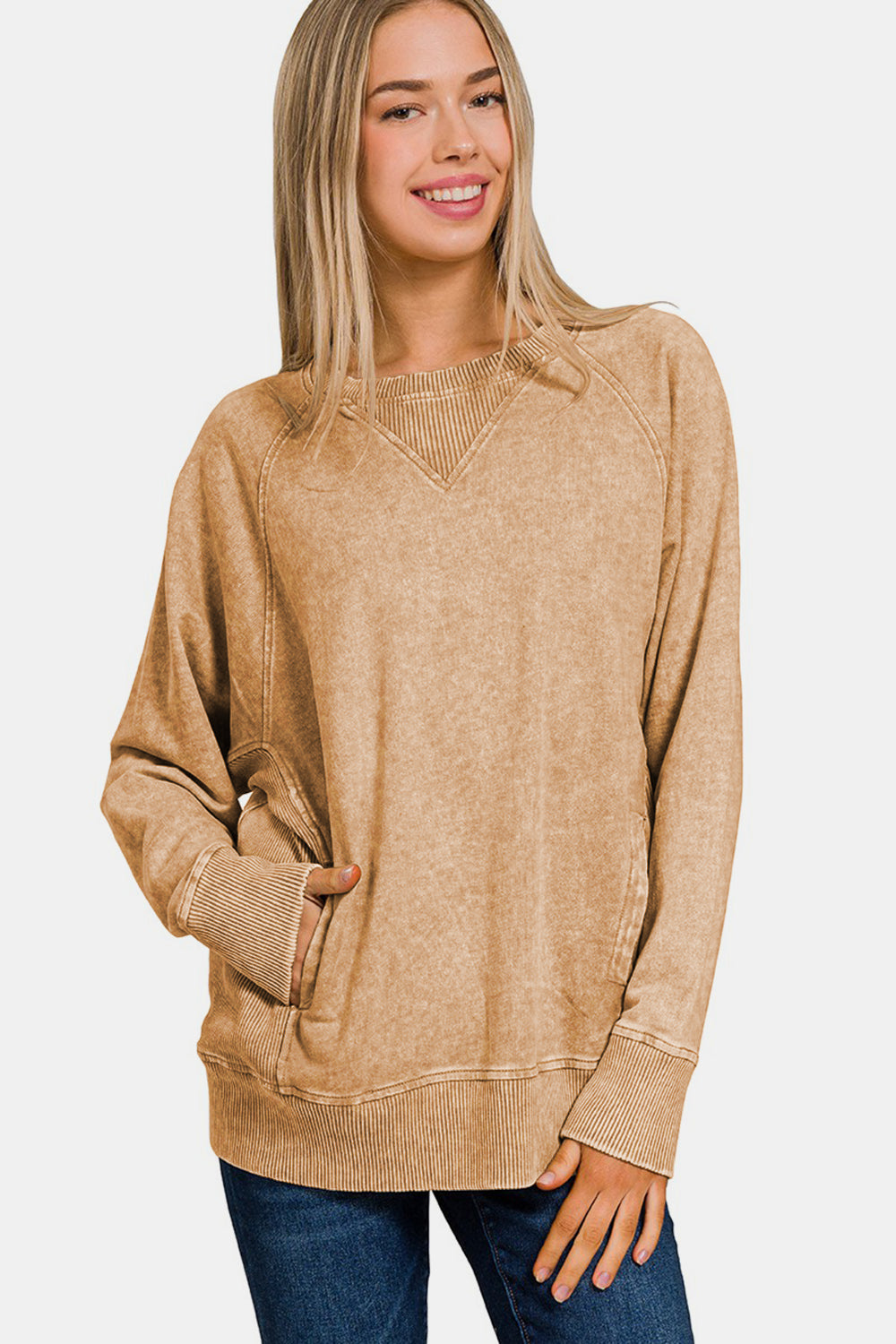 Zenana Pocketed Round Neck Sweatshirt Camel