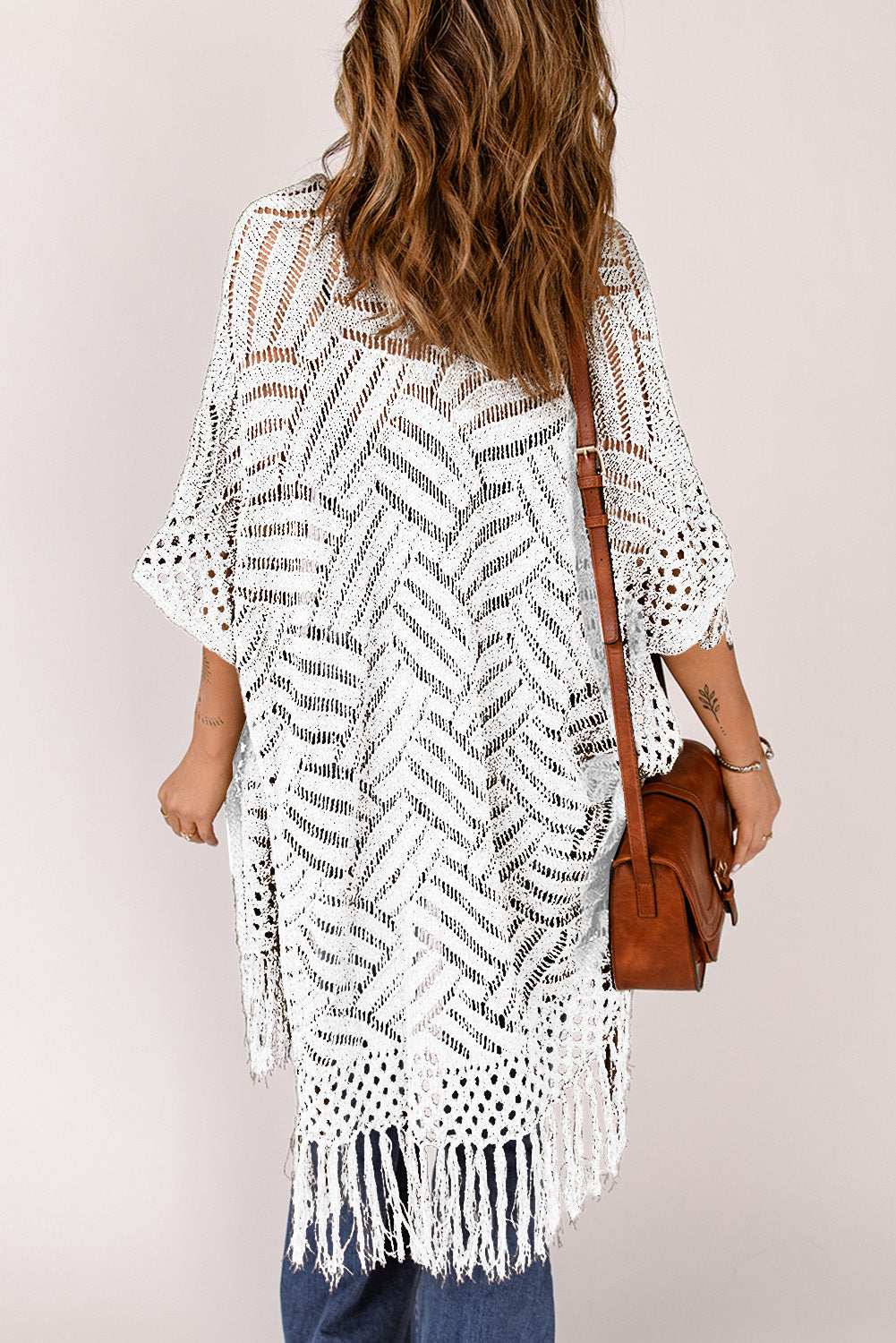 Openwork Open Front Cardigan with Fringes - Thandynie