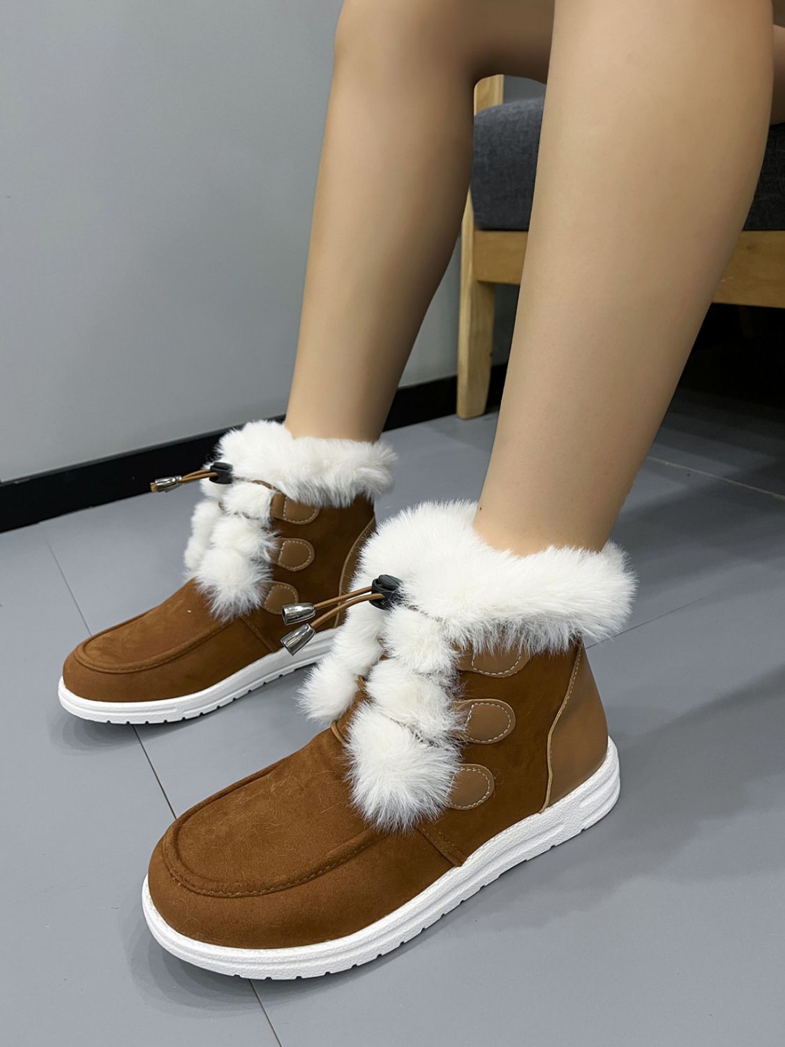 Plush Detail Suede Round Toe Boots Brown