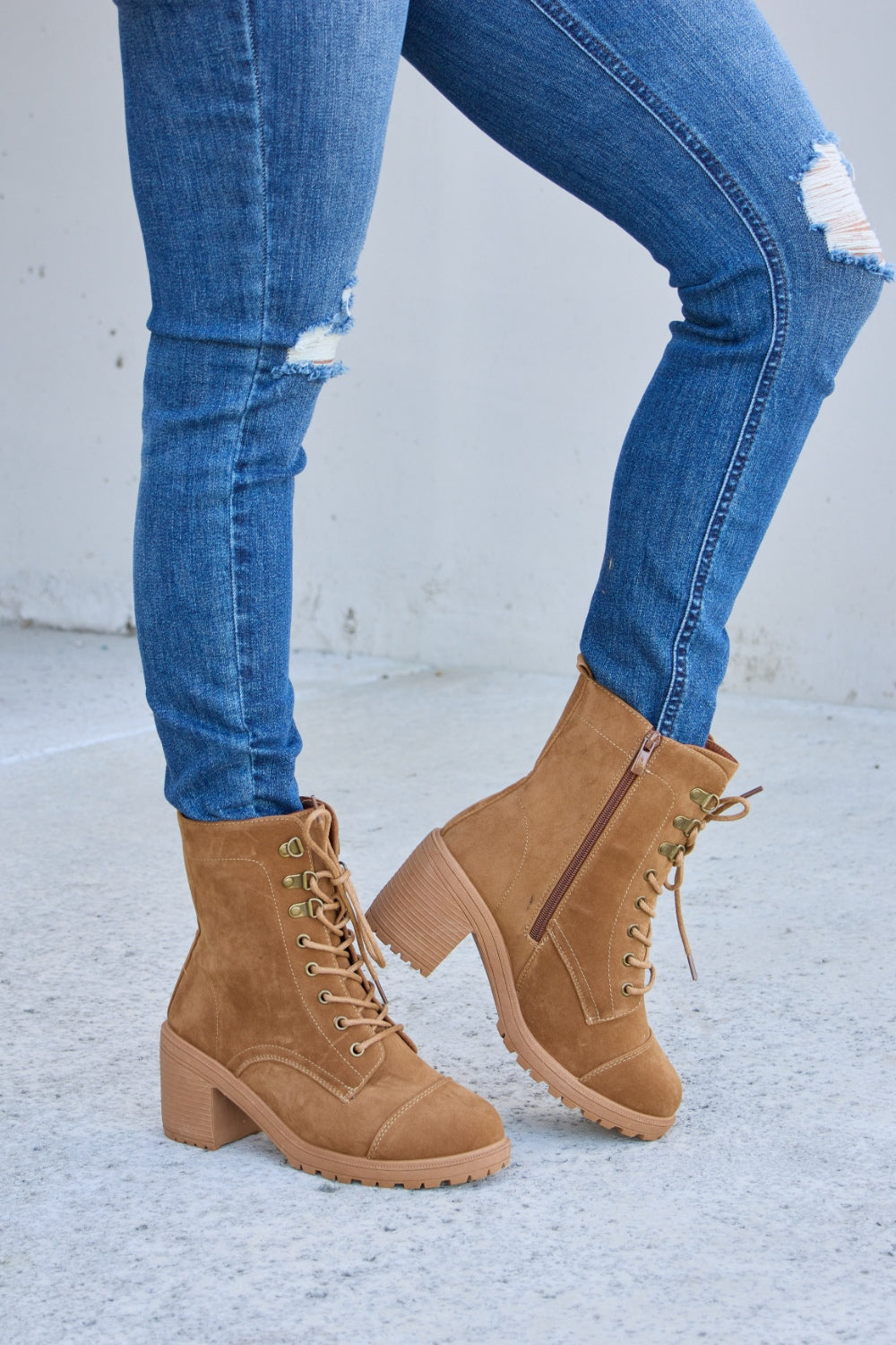 Forever Link Lace-Up Zipper Detail Block Heel Boots - Thandynie