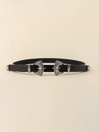 Double Buckle PU Leather Belt Silver Belt One Size