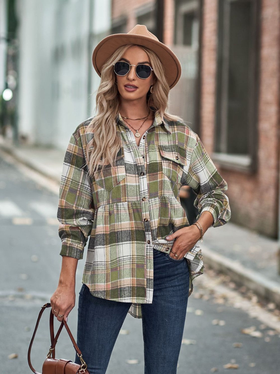 Plaid Button Up Dropped Shoulder Shirt Sage