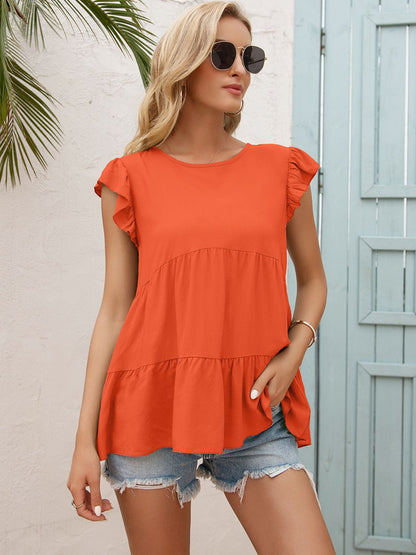 Round Neck Flutter Sleeve Tiered Blouse Orange-Red