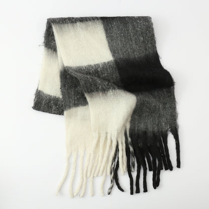 Fringe Contrast Plaid Polyester Scarf Black One Size