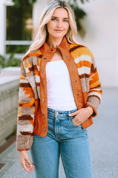 Fuzzy Contrast Snap Down Long Sleeve Jacket Orange