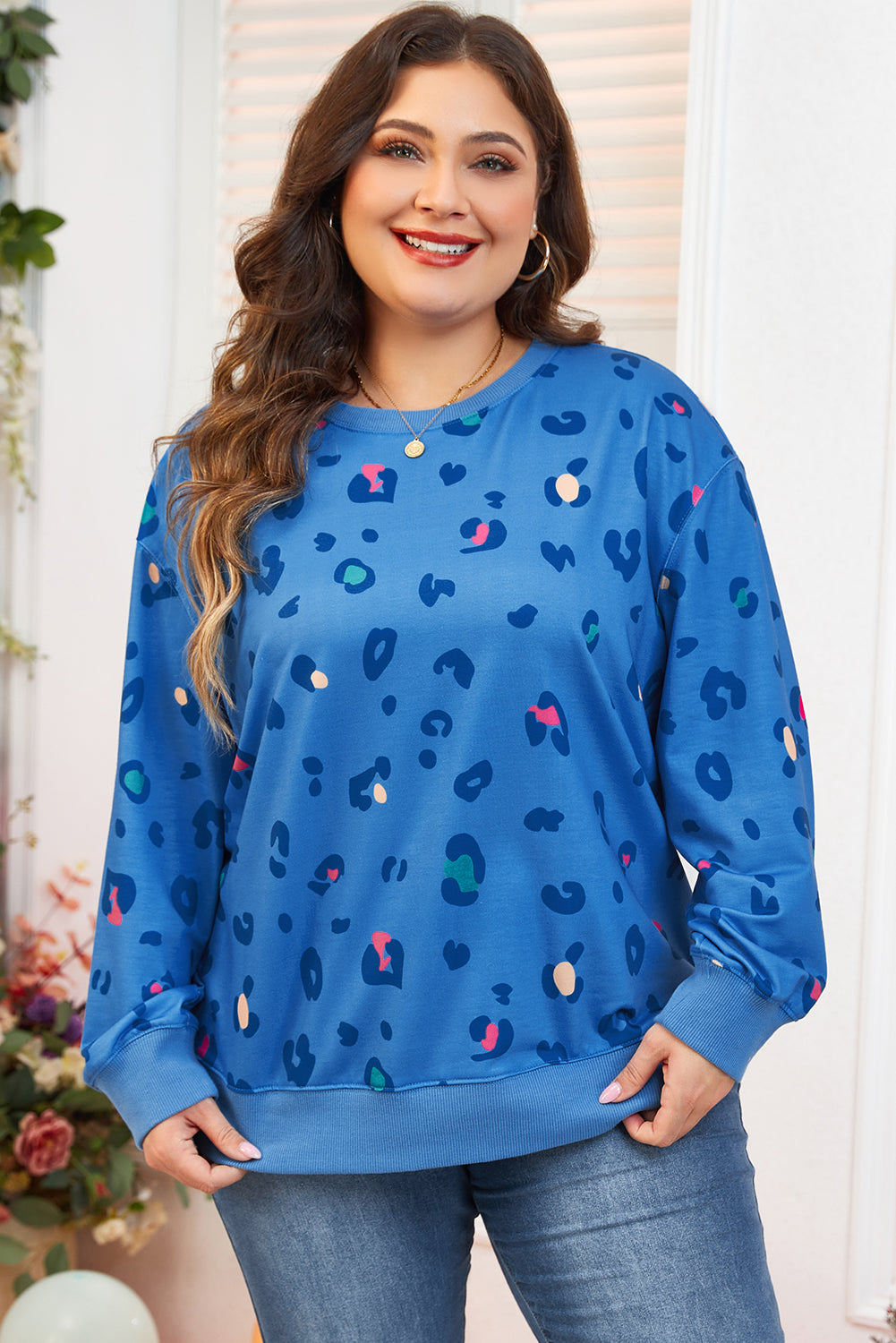 Sky Blue Plus Size Leopard Ribbed Edge Drop Shoulder Pullover Sweatshirt