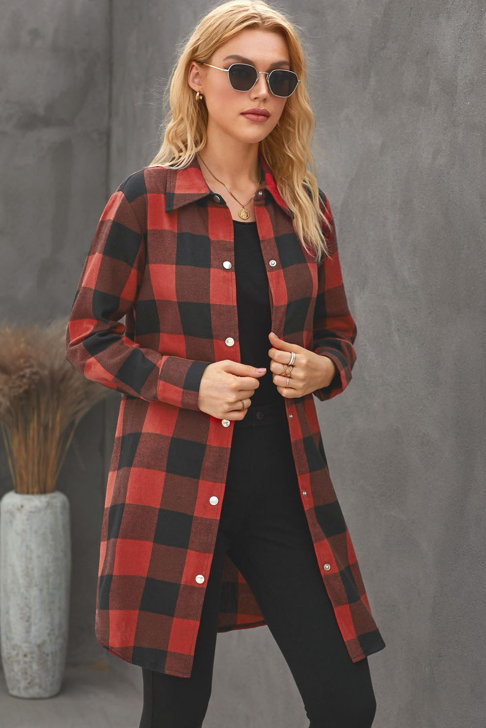 Fiery Red Turn-down Collar Plaid Shirt Coat