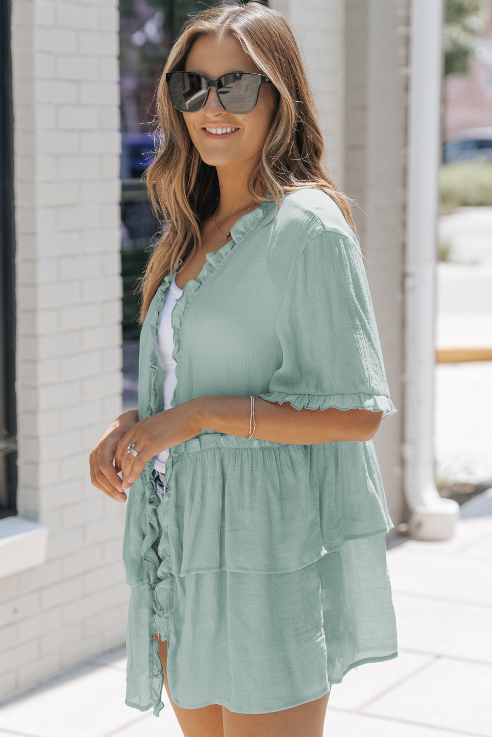 Green Ruffled Trim Half Sleeve Open Front Kimono