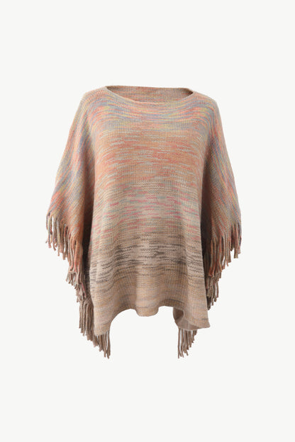 Round Neck Fringe Detail Poncho Khaki One Size