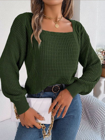 Square Neck Mixed Knit Sweater Dark Green