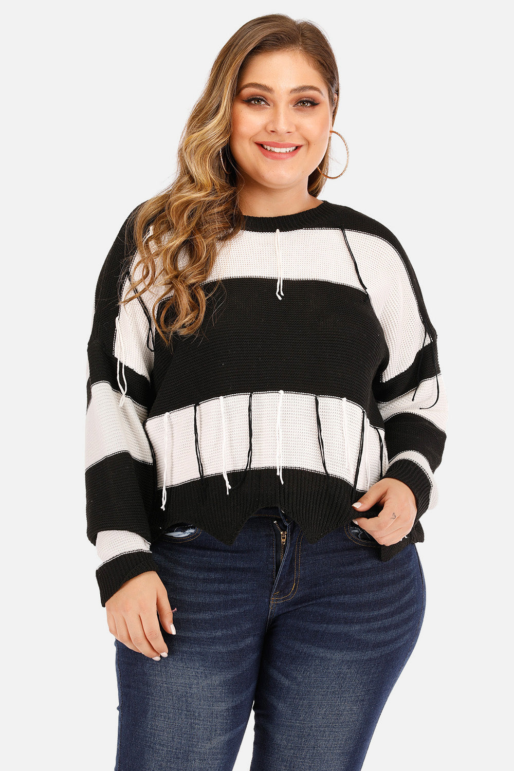 Plus Size Drop Shoulder Color Block Sweater Black