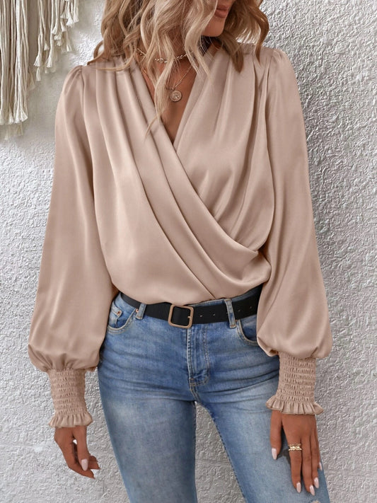 Surplice Smocked Lantern Sleeve Blouse Tan