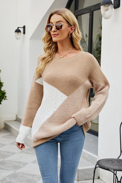 Color Block Round Neck Sweater Tan