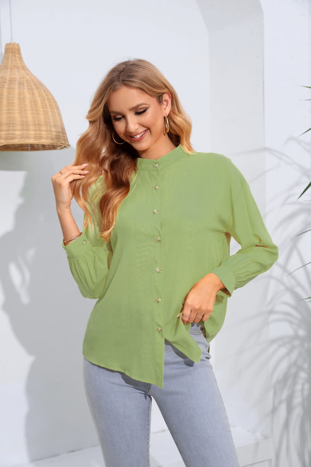 Mock Neck Buttoned Long Sleeve Shirt - Thandynie