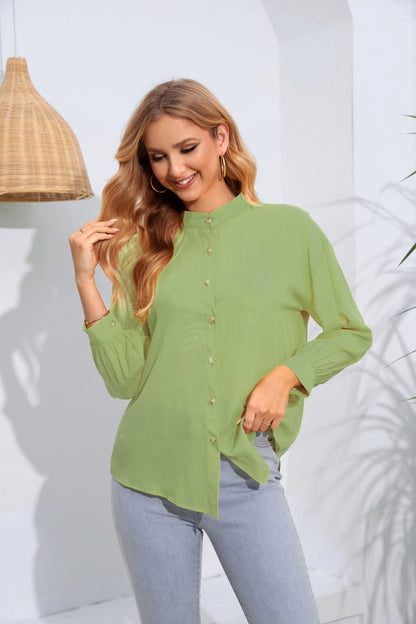 Mock Neck Buttoned Long Sleeve Shirt Light Green