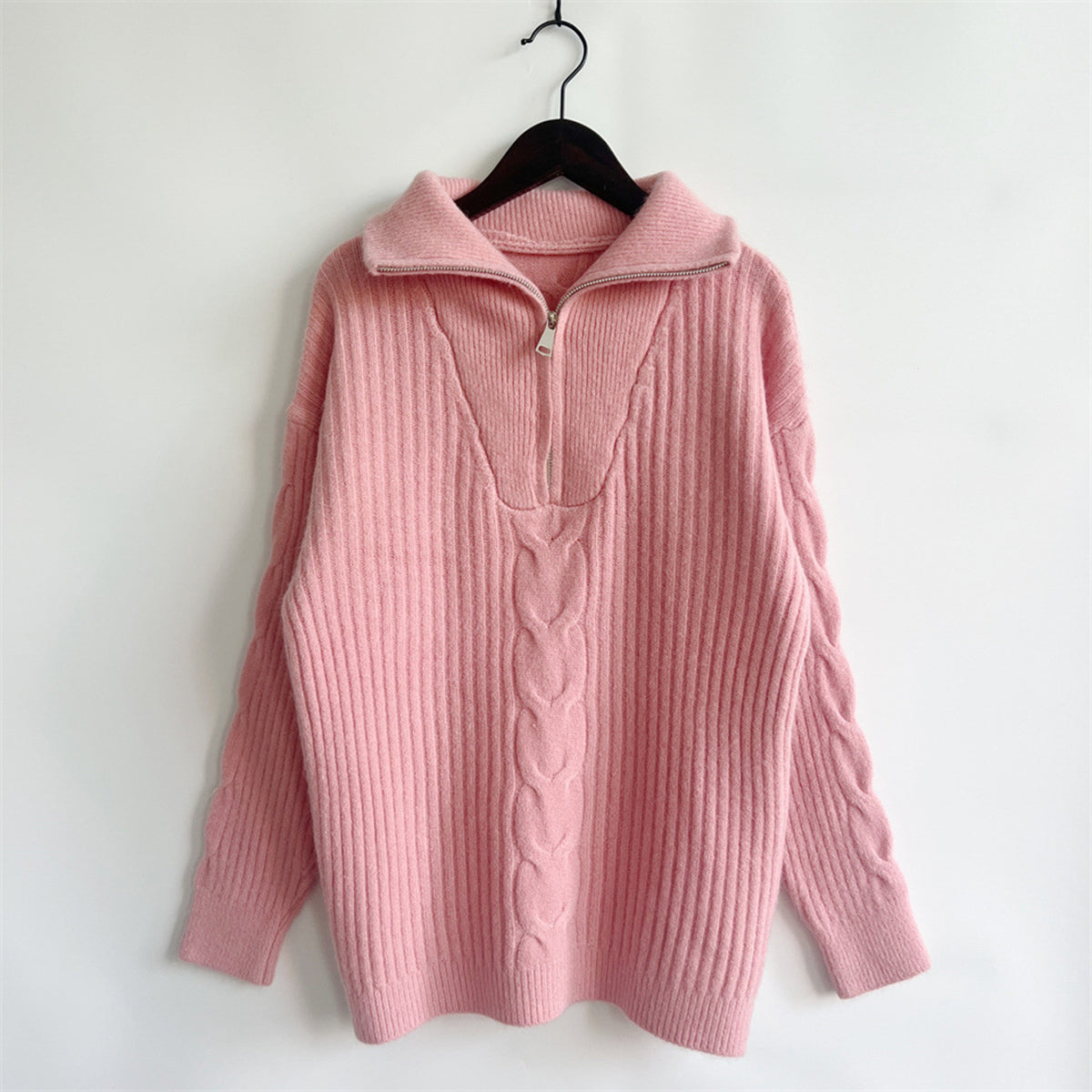 Ribbed Half Zip Long Sleeve Sweater Dusty Pink