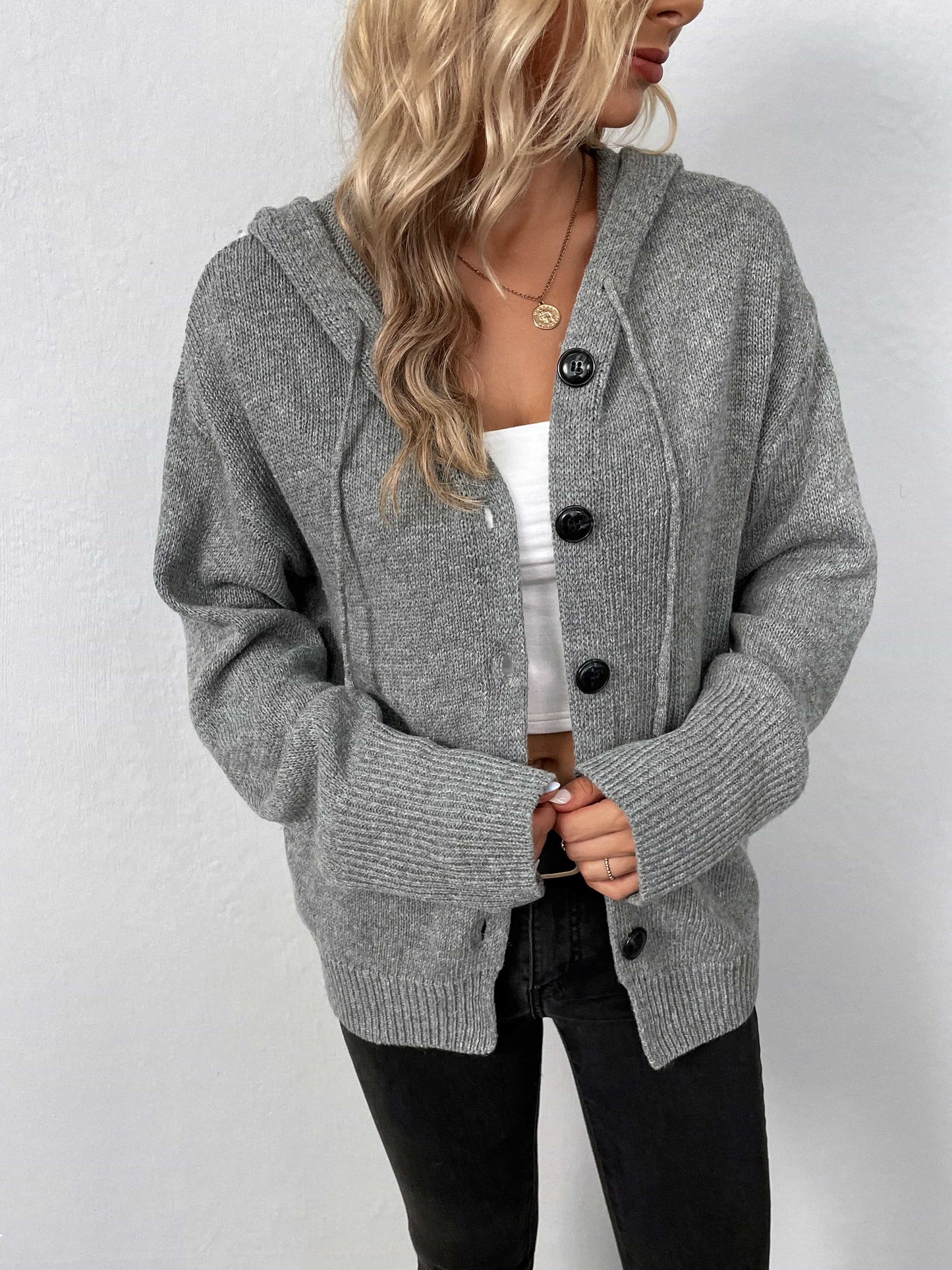 Button-Down Long Sleeve Hooded Sweater Gray