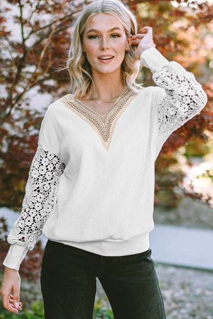 V-Neck Crochet Long Sleeve Blouse White