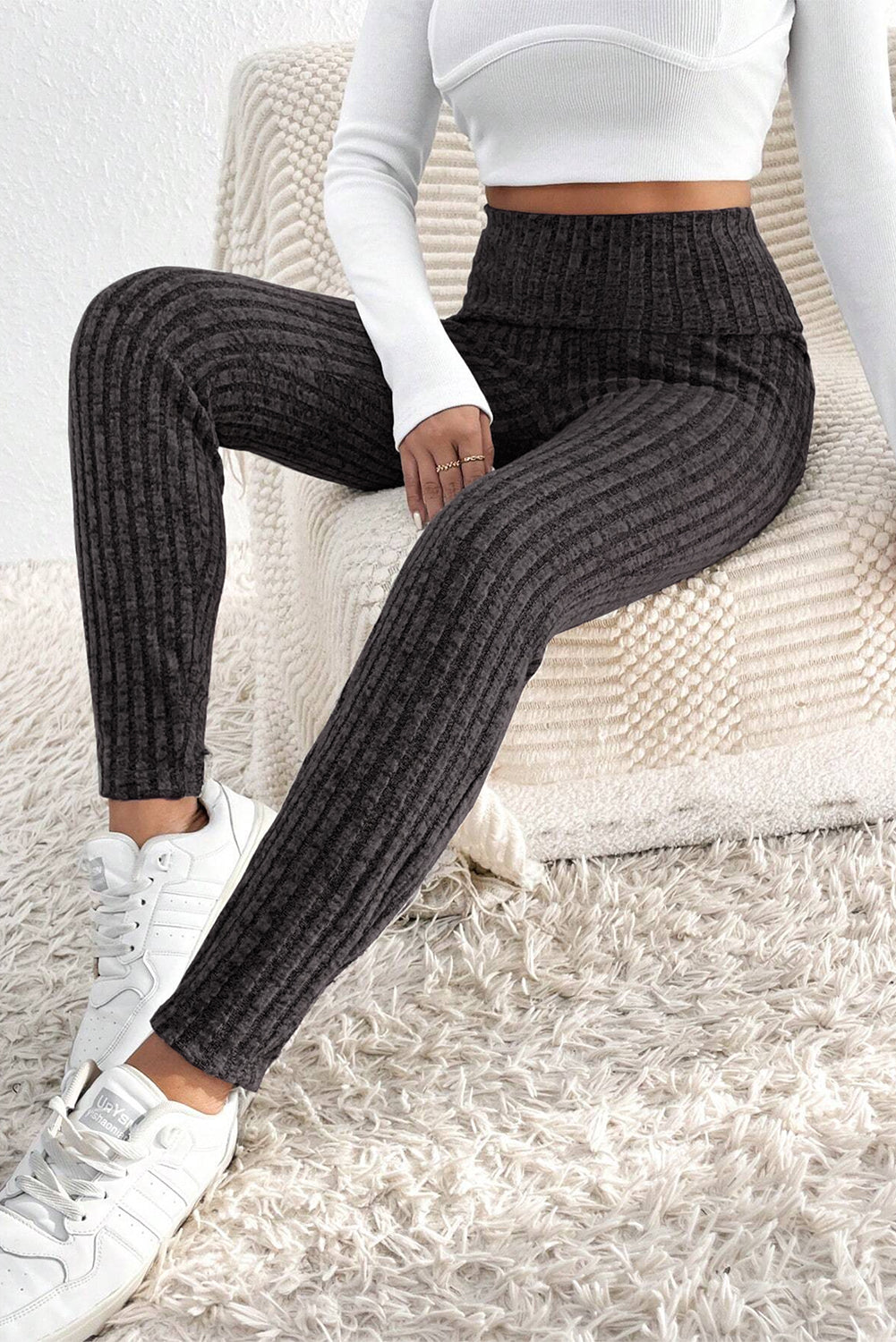 Dark Grey Wide Waistband Ribbed Textured Knit Leggings Dark Grey 95%Polyester+5%Elastane