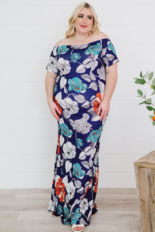 Plus Size Floral Off-Shoulder Short Sleeve Fishtail Dress Floral