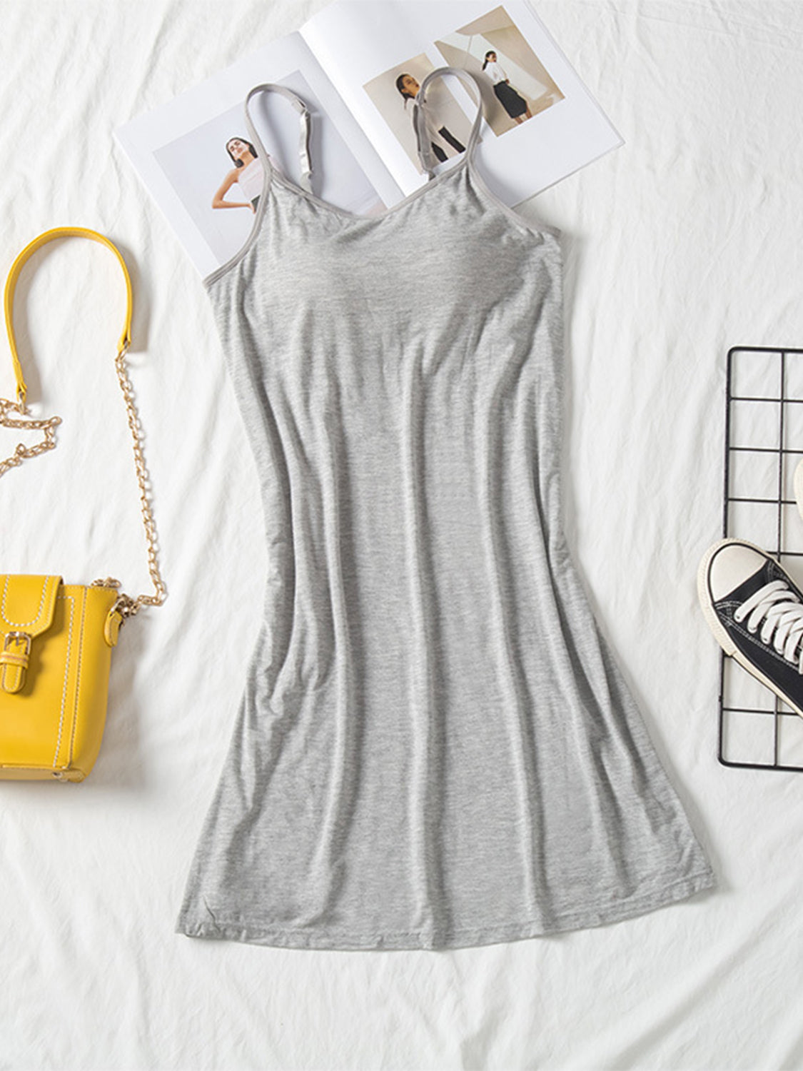 Round Neck Spaghetti Strap Cami Dress with Bra Gray