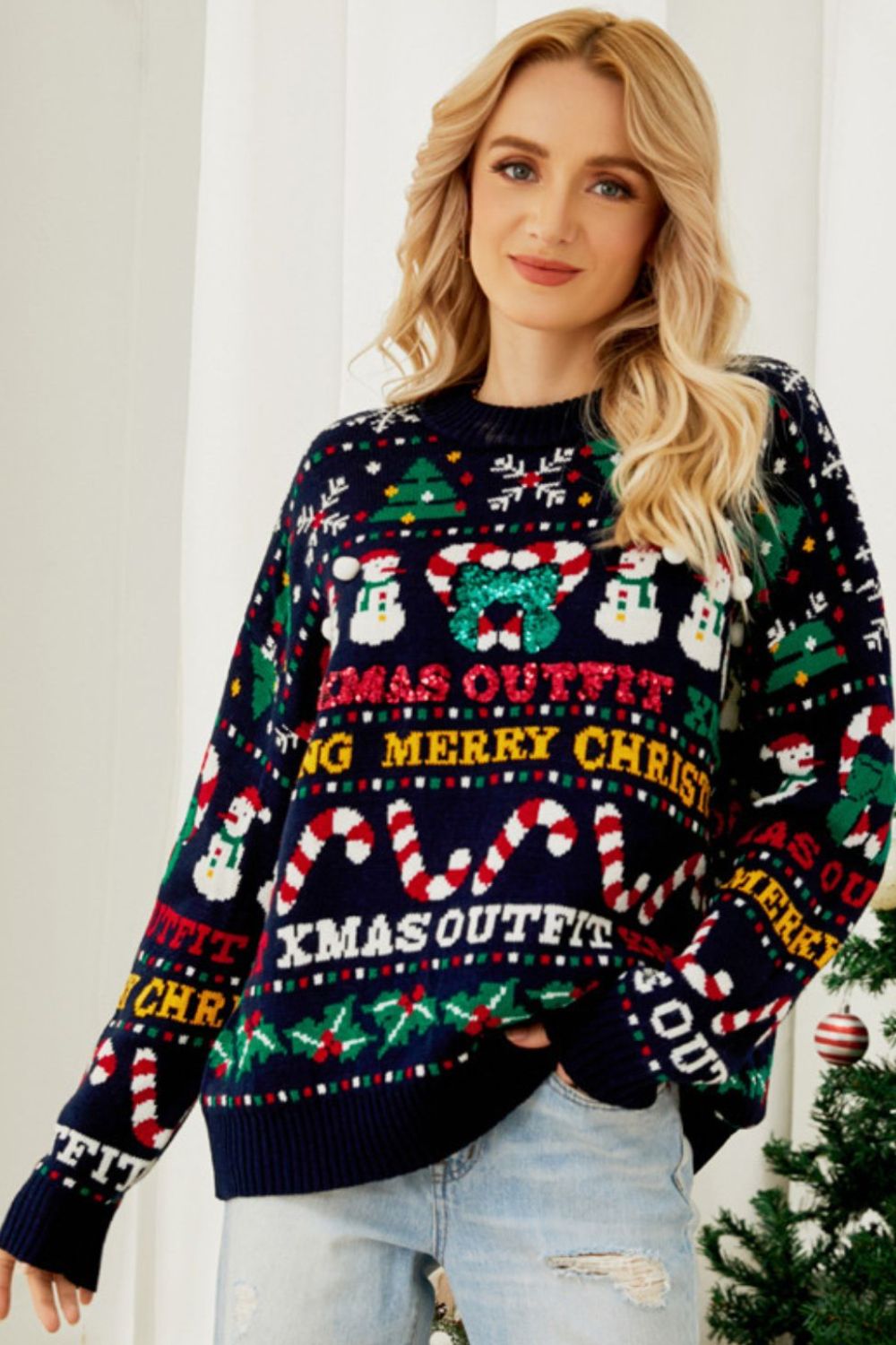 Christmas Print Crewneck Dropped Shoulder Sweater Navy