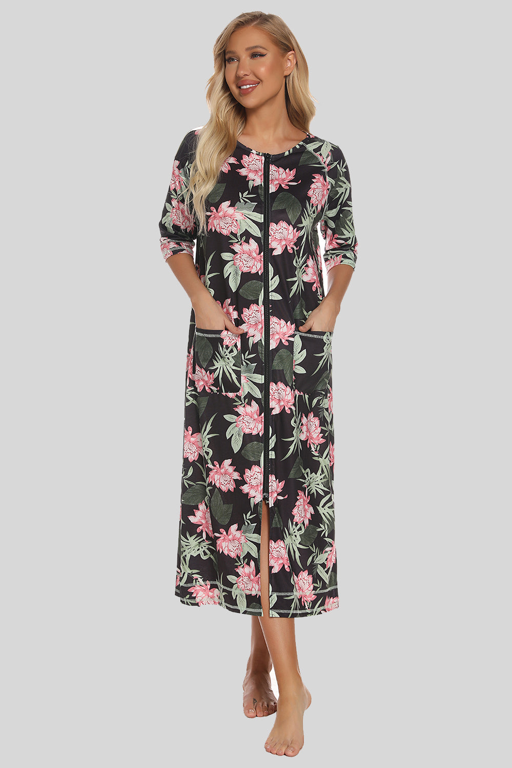 Printed Slit Night Dress with Pockets Army Green