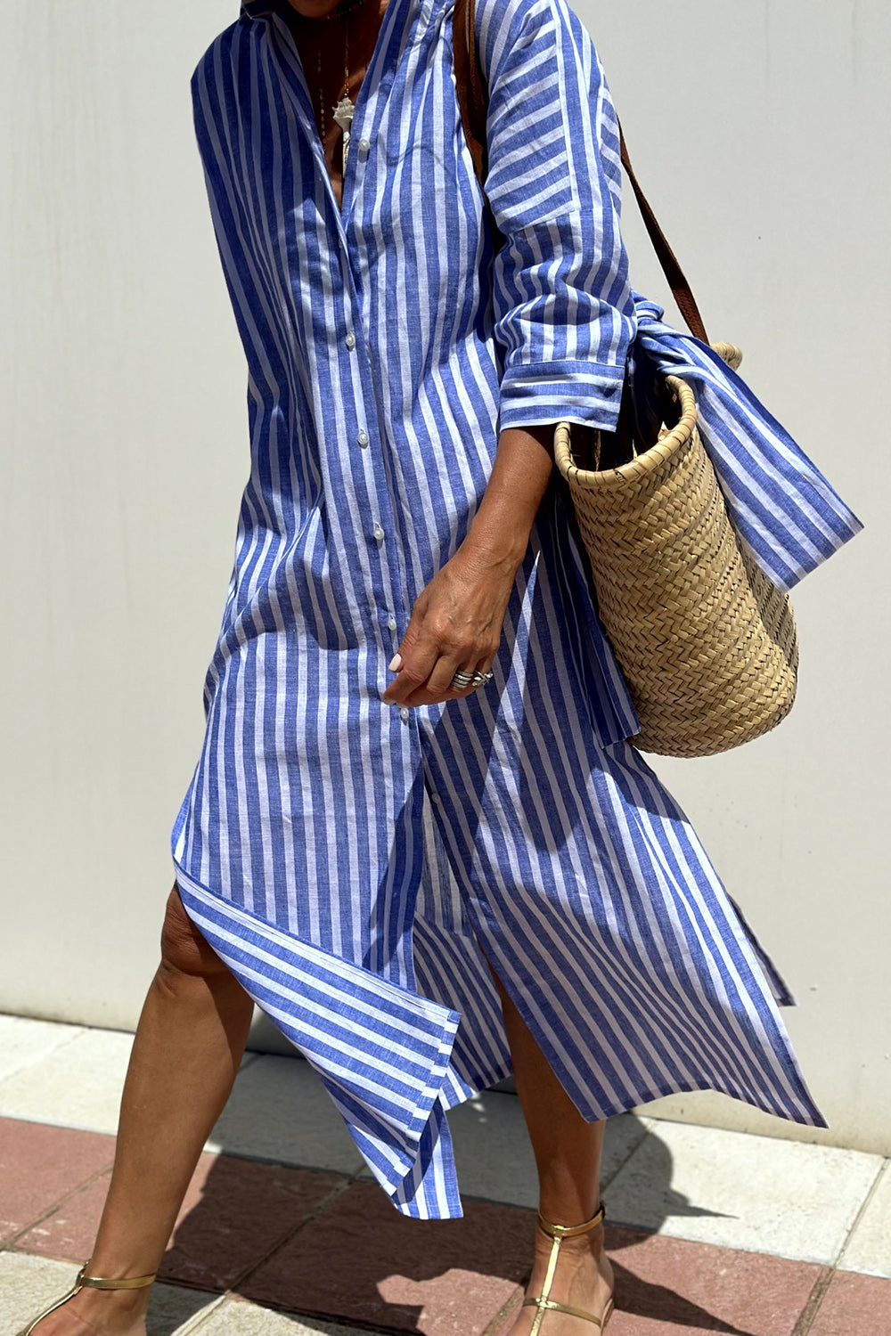 Tied Button Up Three-Quarter Sleeve Dress Royal Blue