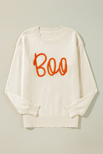 Apricot Boo Knitted Pattern Ribbed Edge Drop Shoulder Sweater