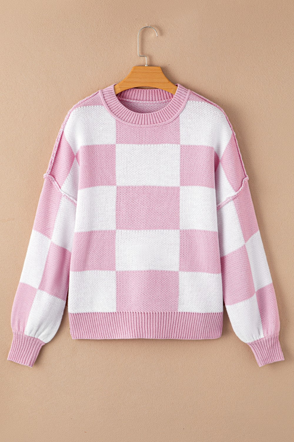 Checkered Exposed Seam Drooped Shoulder Sweater Dusty Pink