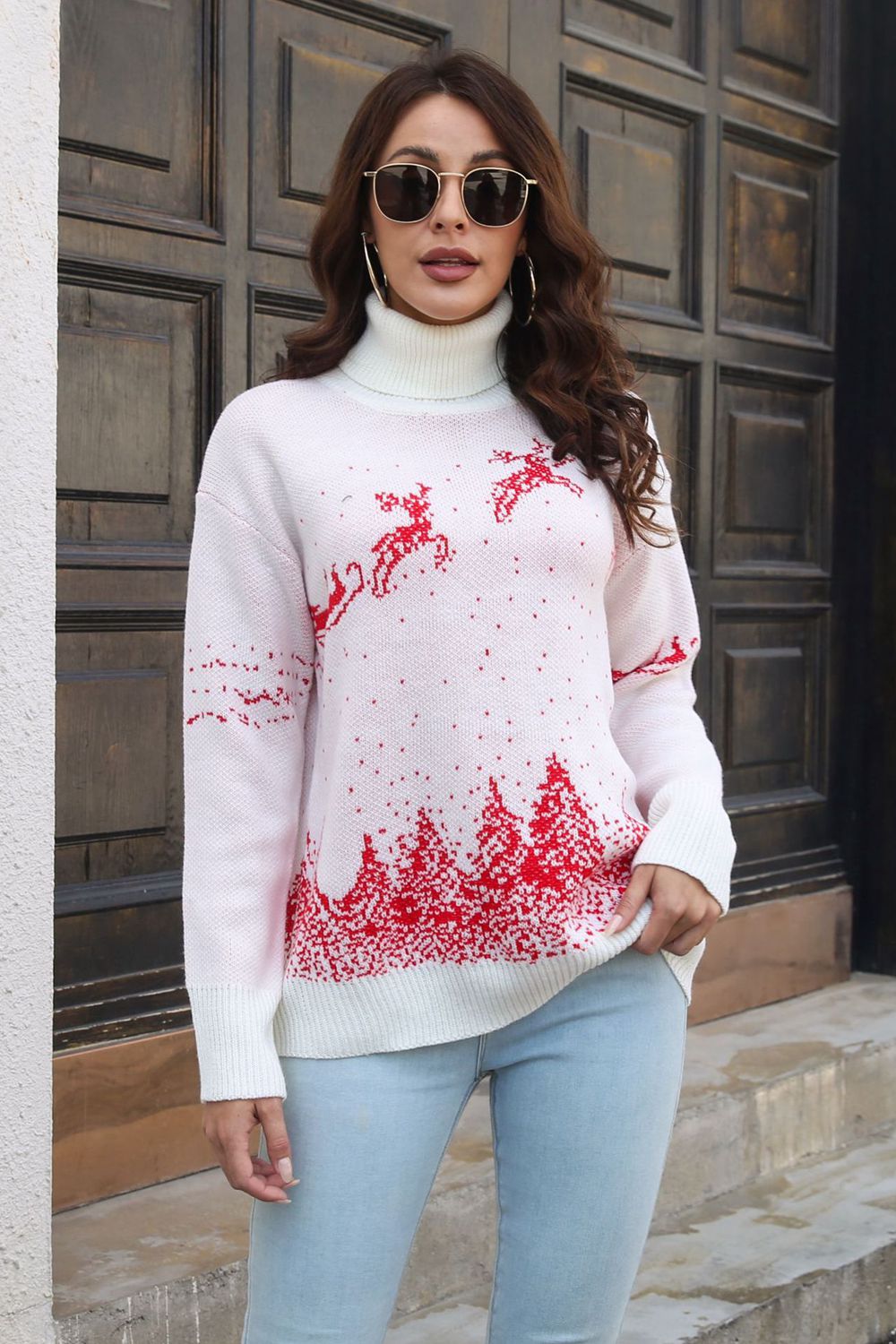 Reindeer & Snow Pattern Turtle Neck Pullover Sweater White