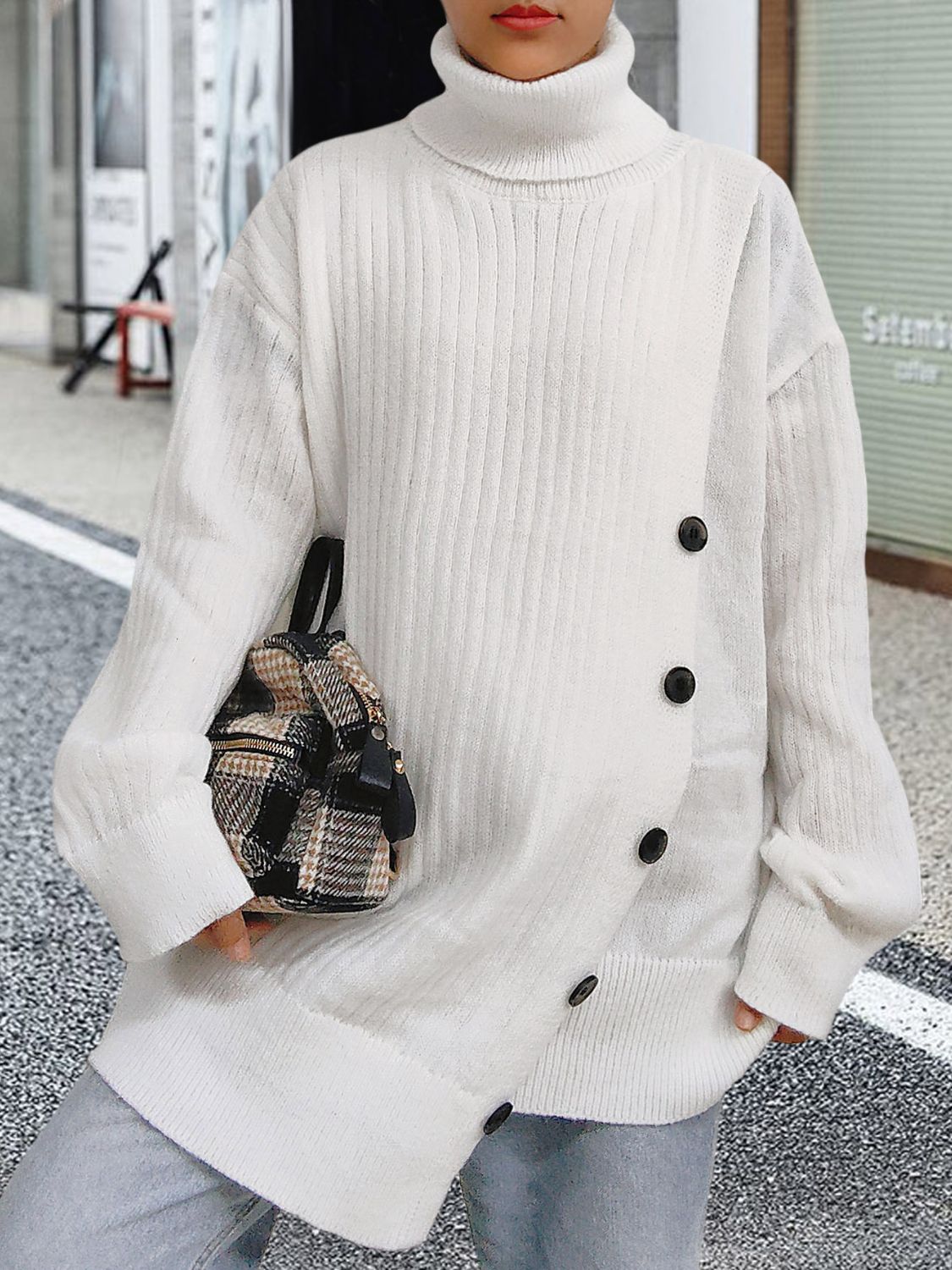 Turtleneck Dropped Shoulder Long Sleeve Sweater