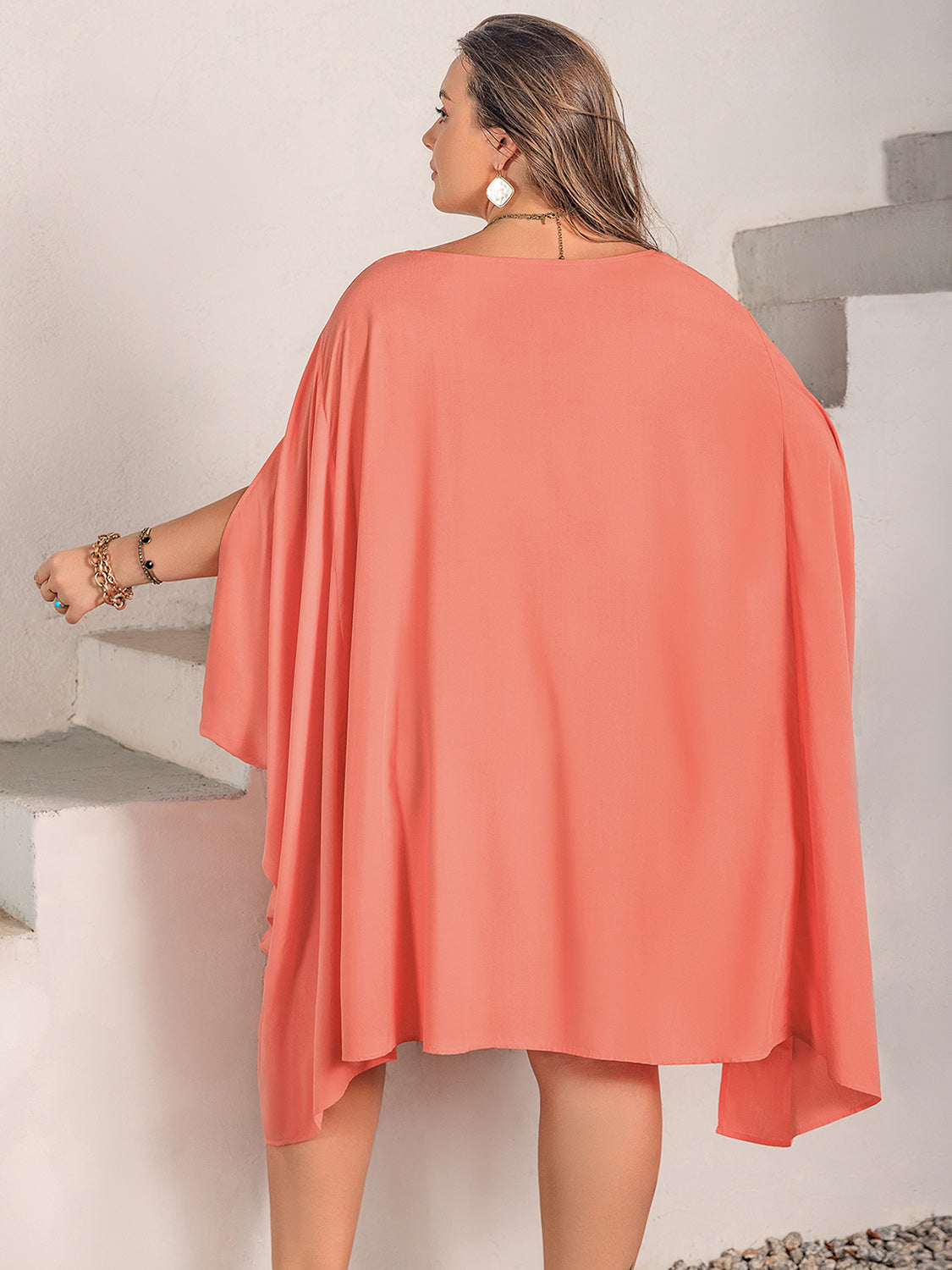 Plus Size Round Neck Batwing Sleeve Mini Dress - Thandynie