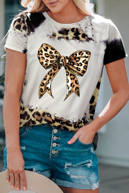 Bow Graphic Leopard Round Neck Short Sleeve T-Shirt Leopard