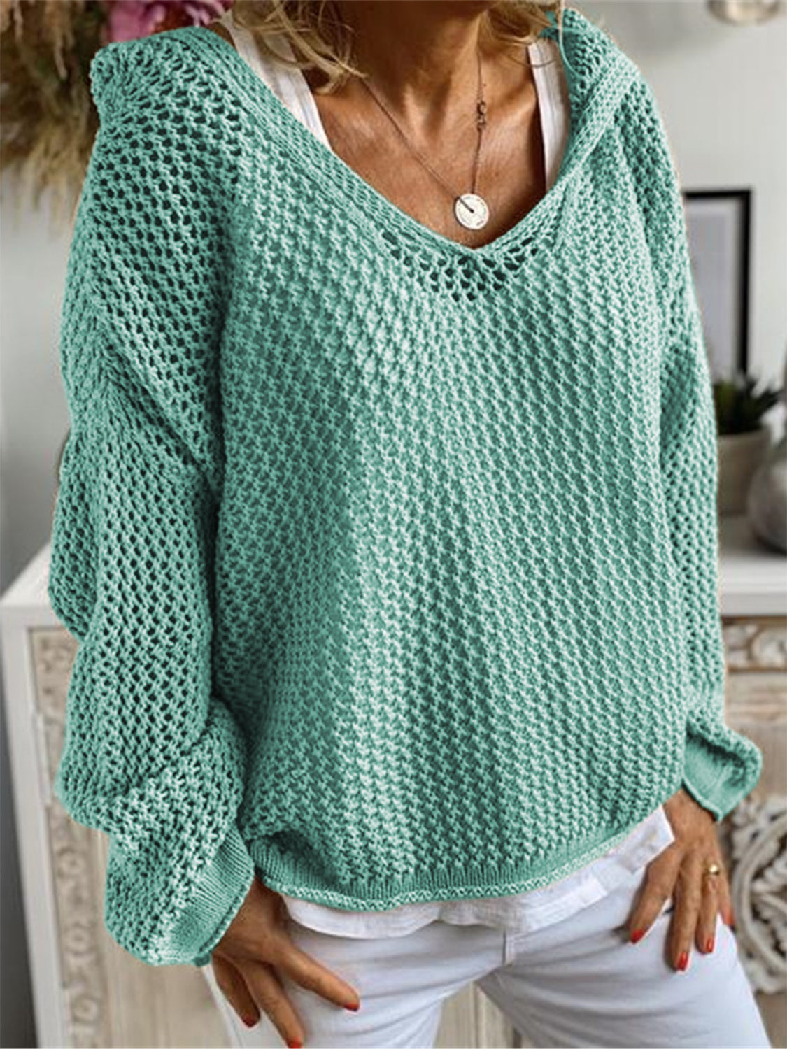 Openwork Hooded Long Sleeve Sweater Turquoise