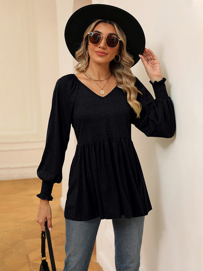 V-Neck Lantern Sleeve Blouse Black