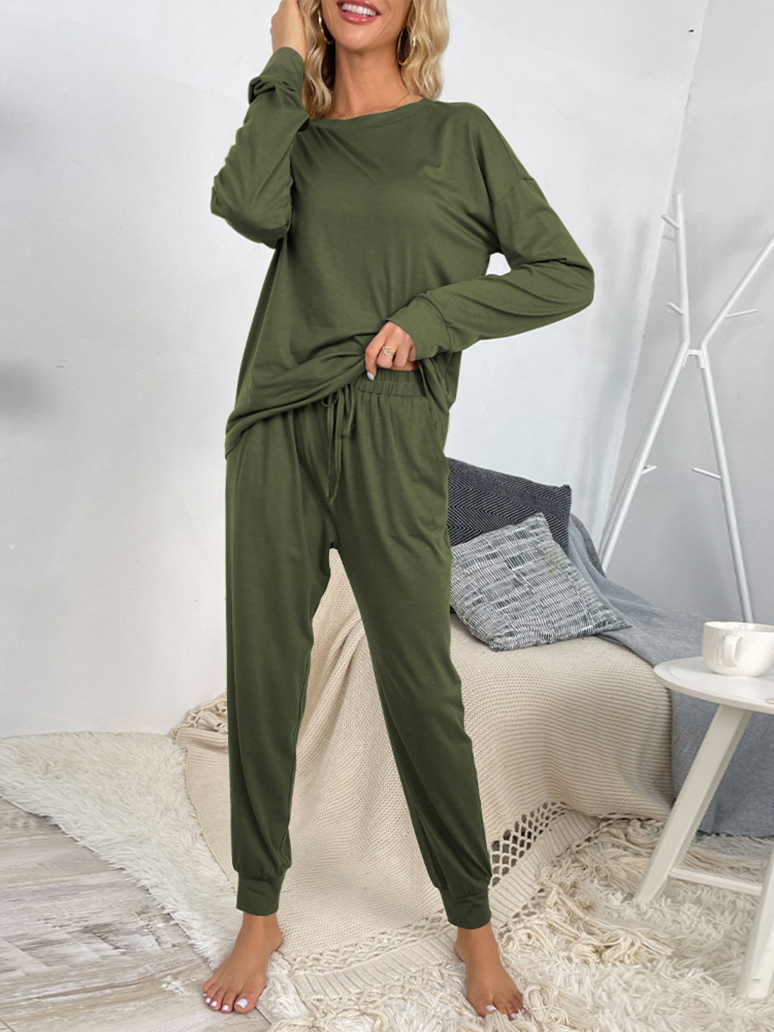 Shiny Round Neck Top and Drawstring Pants Lounge Set Army Green