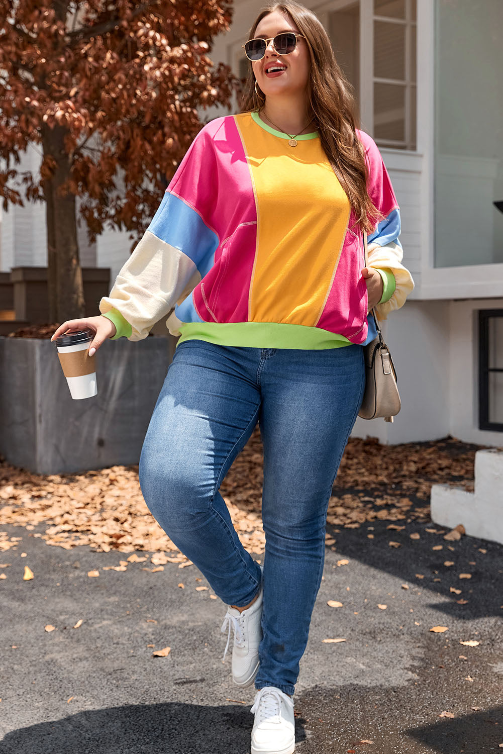 Rose Red Plus Size Colorblock Patchwork Exposed Seam Sweatshirt