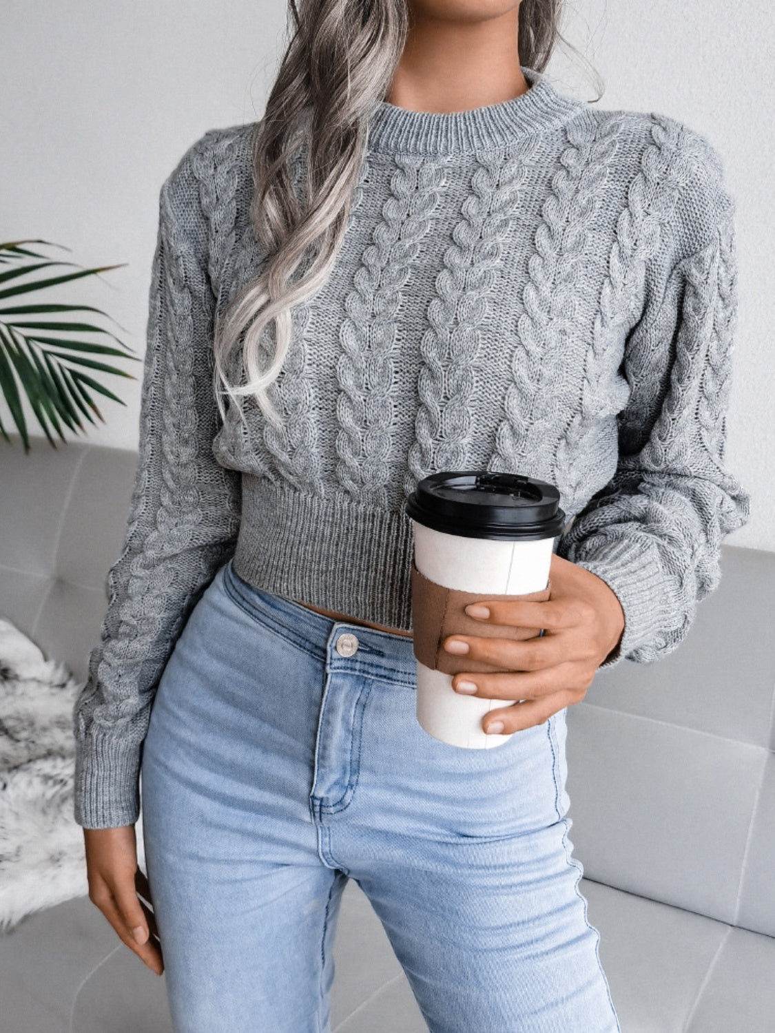 Cable-Knit Round Neck Sweater Dark Gray