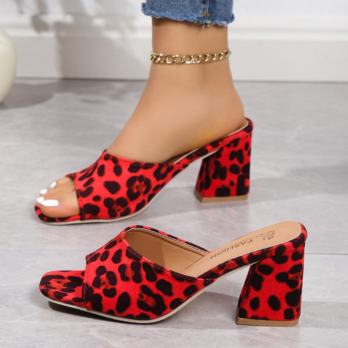 Leopard Block Heel Suede Sandals Deep Red