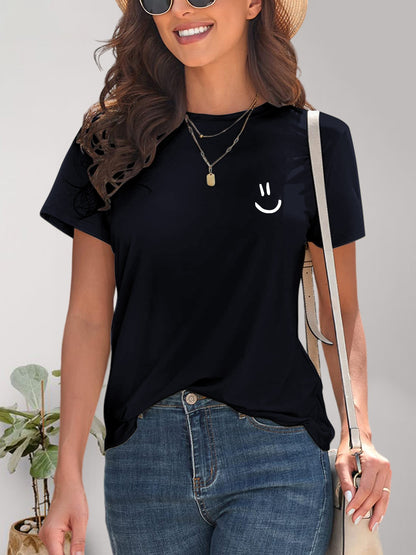 Smile Graphic Round Neck Short Sleeve T-Shirt Dark Blue