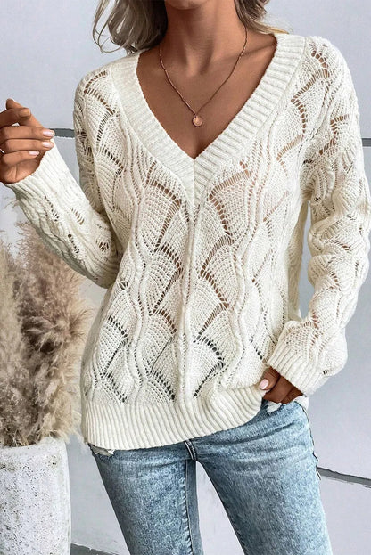 Openwork V-Neck Long Sleeve Sweater Ivory