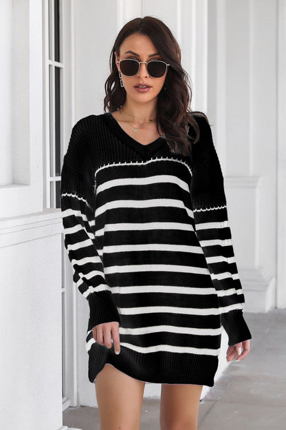 Striped V-Neck Drop Shulder Sweater Dress Black