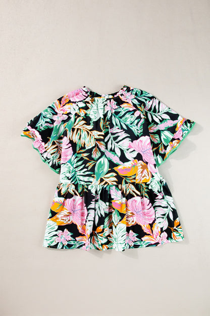 Plus Size Printed Tie Neck Short Sleeve Blouse