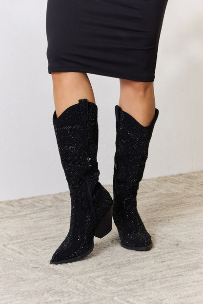 Forever Link Rhinestone Knee High Cowboy Boots Black