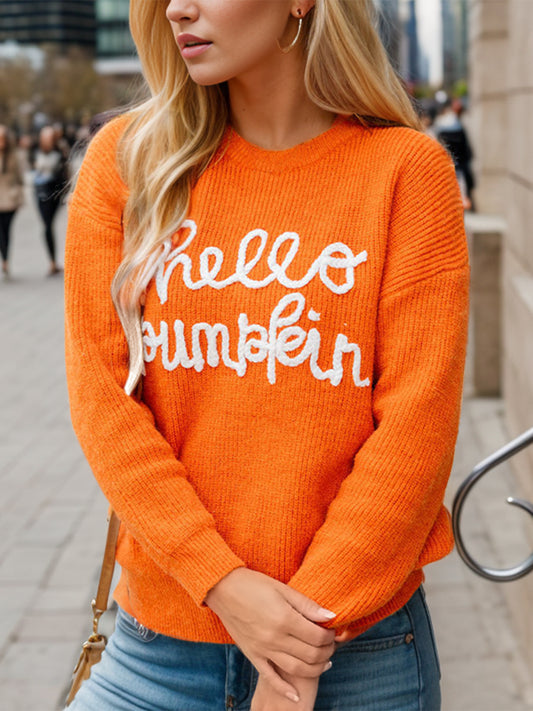 Full Size HELLO PUMPKIN Dropped Shoulder Sweater Orange