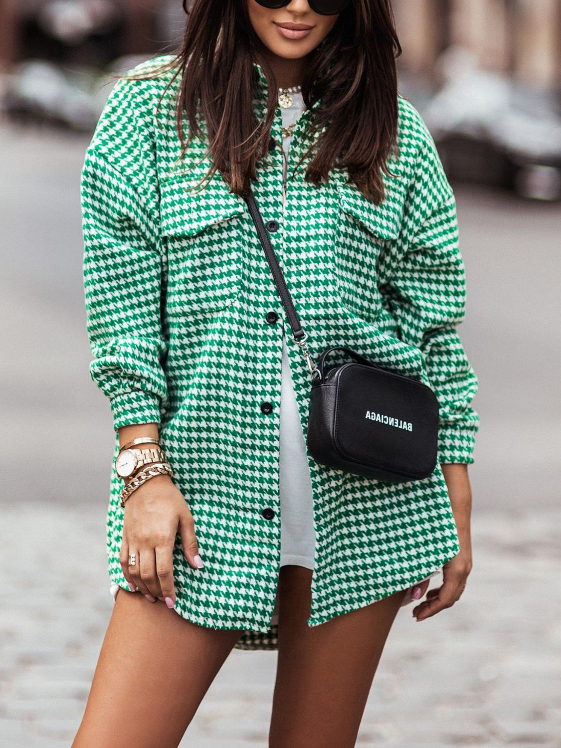 Houndstooth Button Up Dropped Shoulder Jacket Green