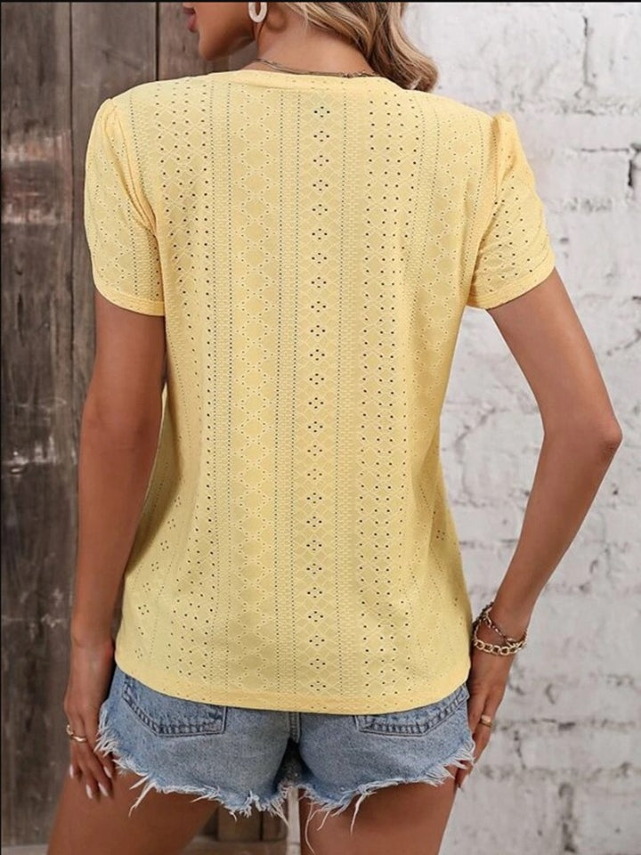 Eyelet V-Neck Petal Sleeve T-Shirt